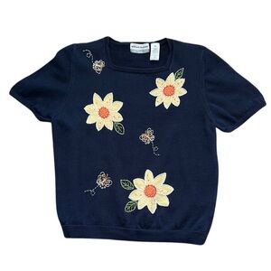 Alfred Dunner VTG Blue&Yellow Floral and Butterfly S/S Sweater Blouse Size PXL